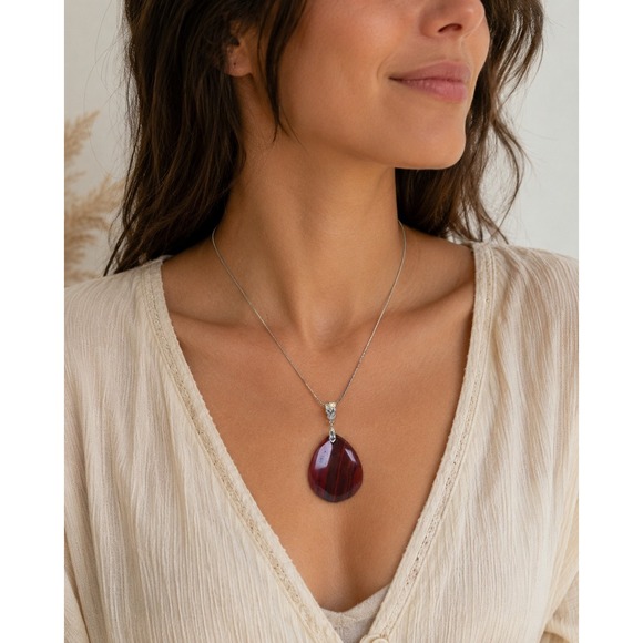 Jewelry - Large Red Banded Teardrop Pendant Necklace Silver Tone 20" Boho Statement